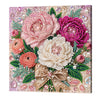 A vibrant floral painting kit featuring pink and magenta roses on a wooden frame with various pearl and gemstone tools.