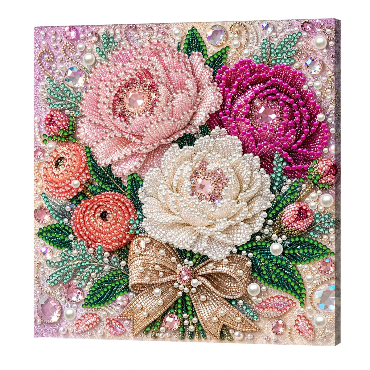 A vibrant floral painting kit featuring pink and magenta roses on a wooden frame with various pearl and gemstone tools.