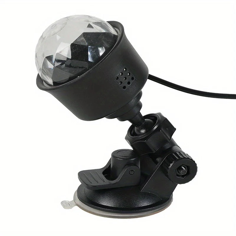 A black sound-activated disco ball light fixture with a clear spherical lens and mounting base.