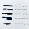 A collection of miniature metal kitchen knives in various sizes and weights displayed on a white background.