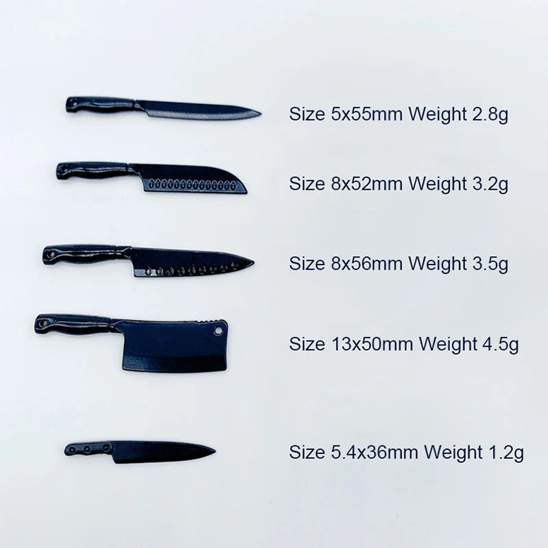 A collection of miniature metal kitchen knives in various sizes and weights displayed on a white background.