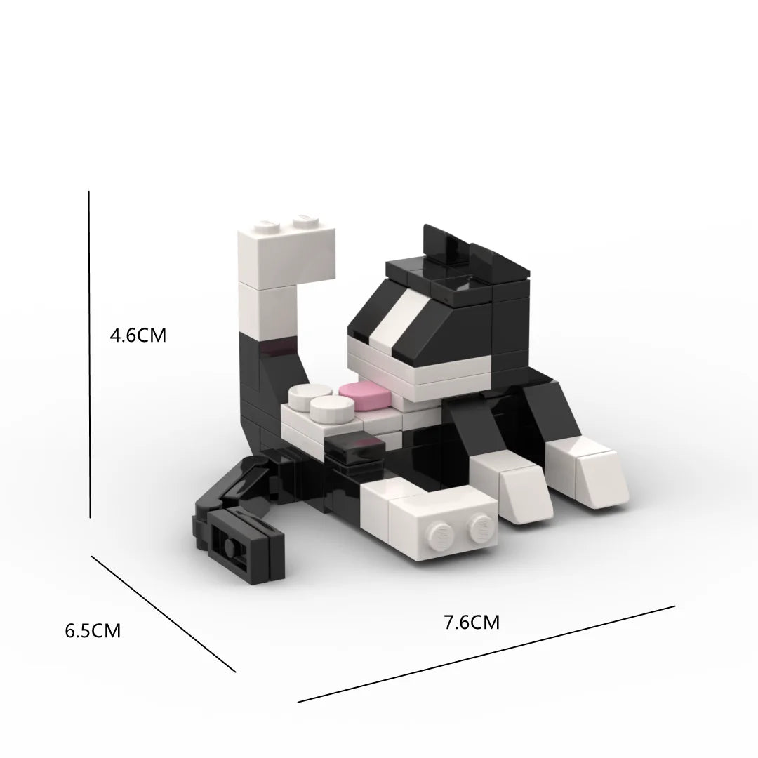 A 62-piece animal building blocks set featuring a black and white striped cat figure.