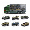 A diecast construction vehicle playset featuring a green truck and several yellow and blue vehicles.