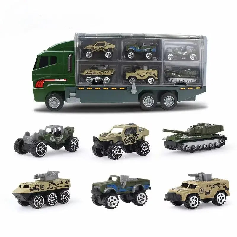 A diecast construction vehicle playset featuring a green truck and several yellow and blue vehicles.