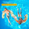 A couple floating in blue water using two U-shaped inflatable swim rings for intimate interaction.