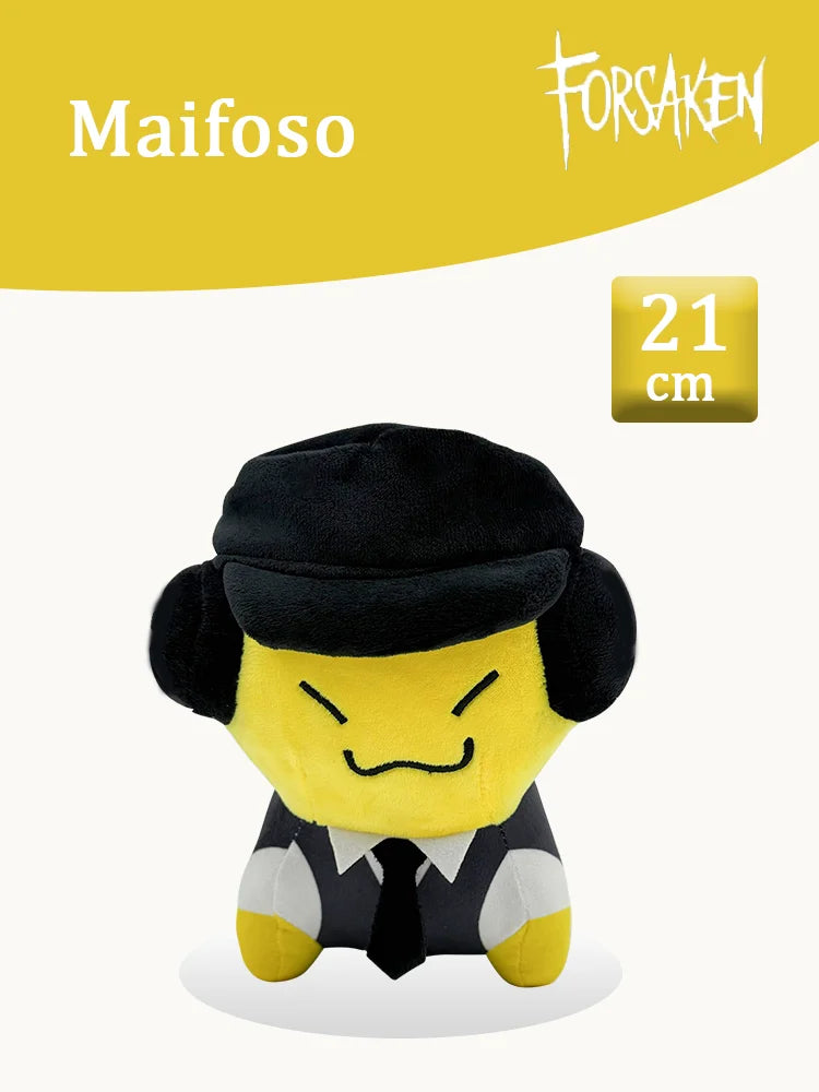 A yellow plush toy resembling a character from Forsaken, featuring black and white clothing.