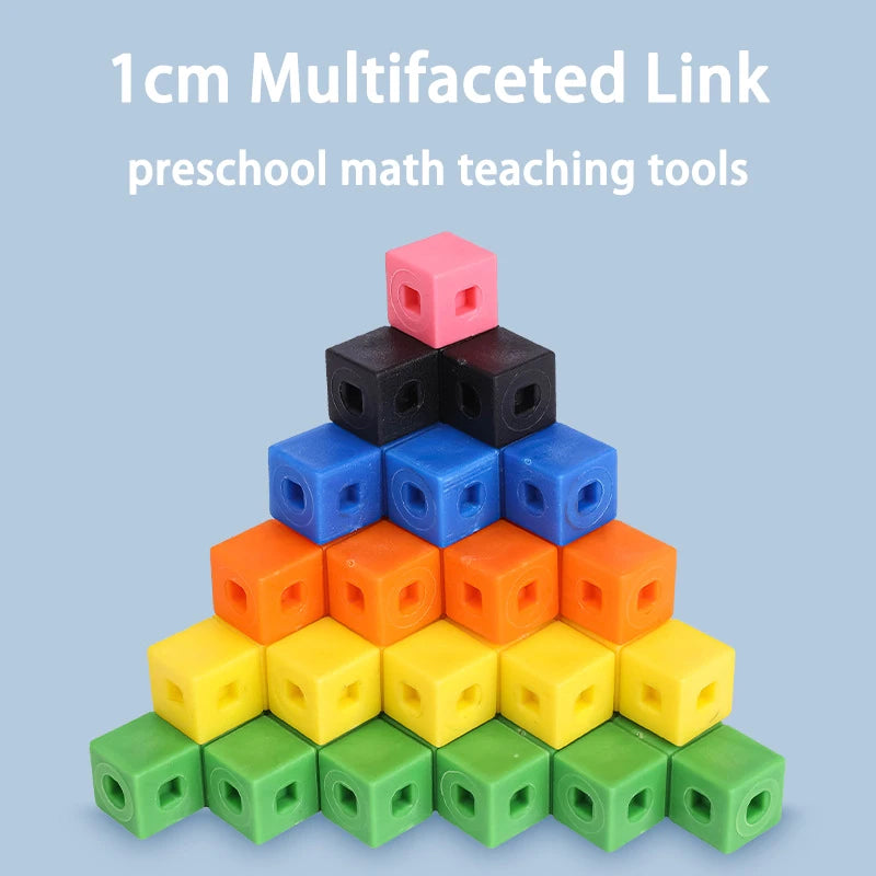 A pyramid of 1cm multifaceted link teaching cubes in various colors including pink, black, blue, orange, and yellow.