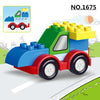 A green and yellow construction vehicle made of interlocking plastic blocks, numbered 1675.