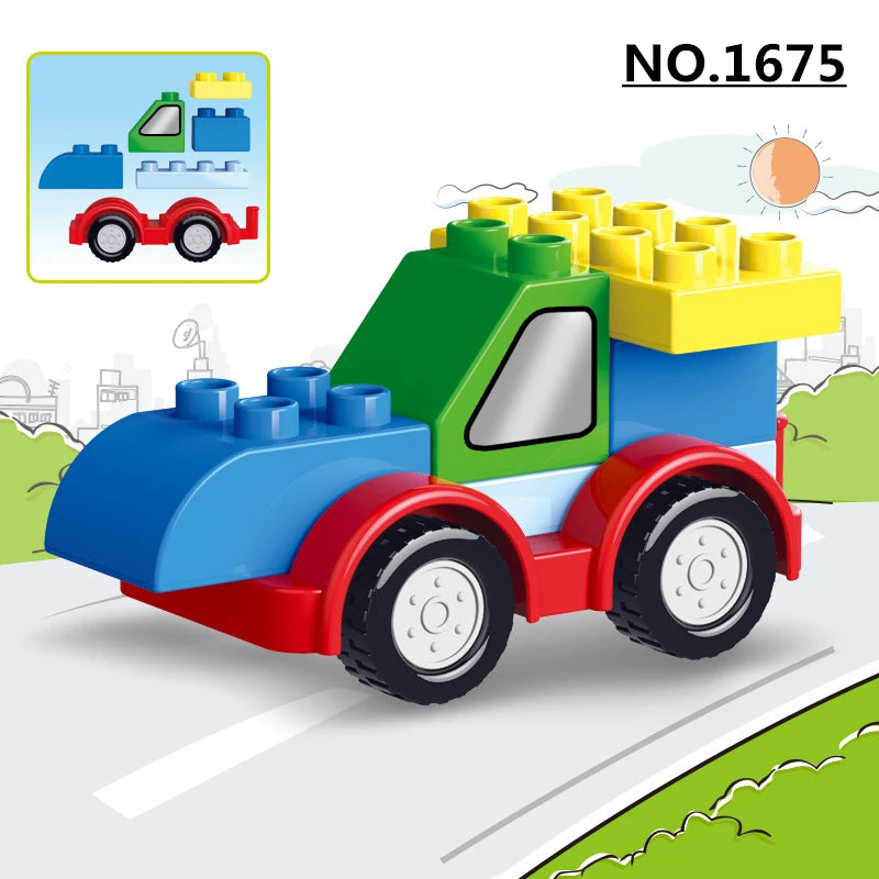 A green and yellow construction vehicle made of interlocking plastic blocks, numbered 1675.
