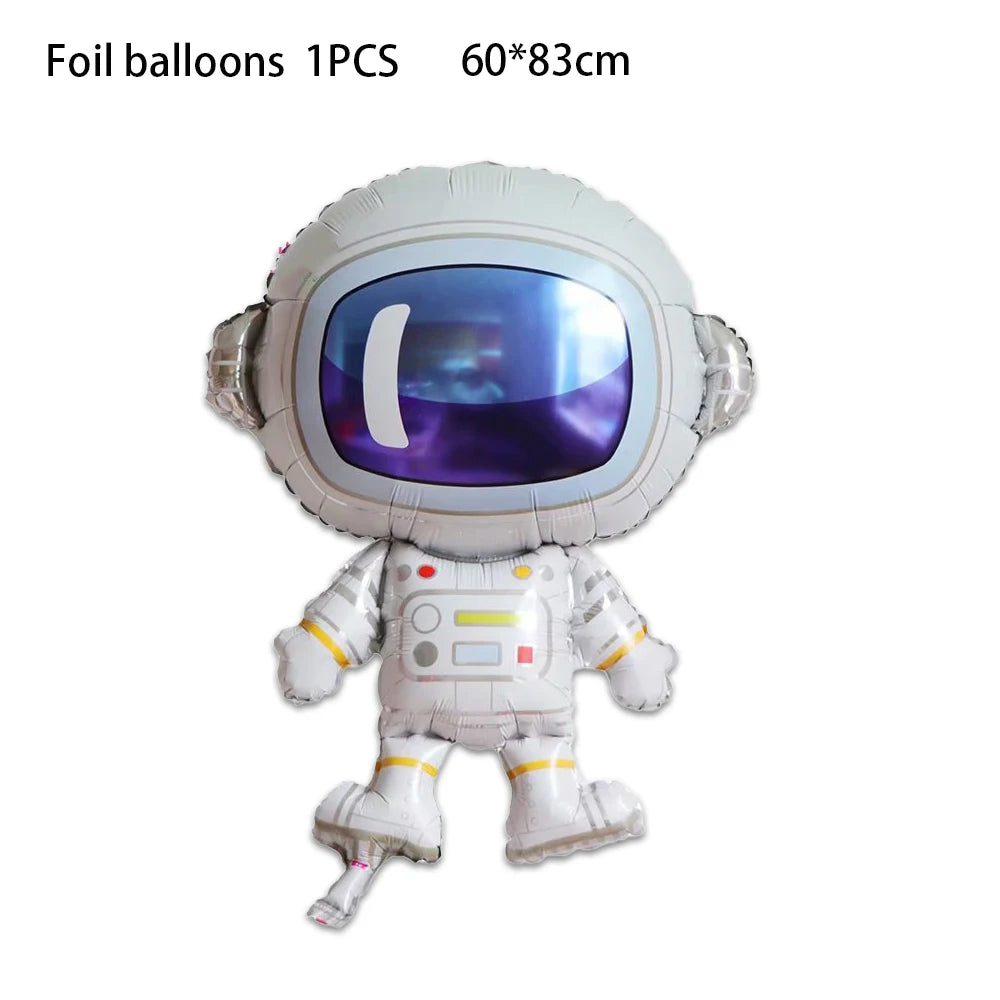 A white foil balloon shaped like an outer space astronaut suit with a reflective visor.
