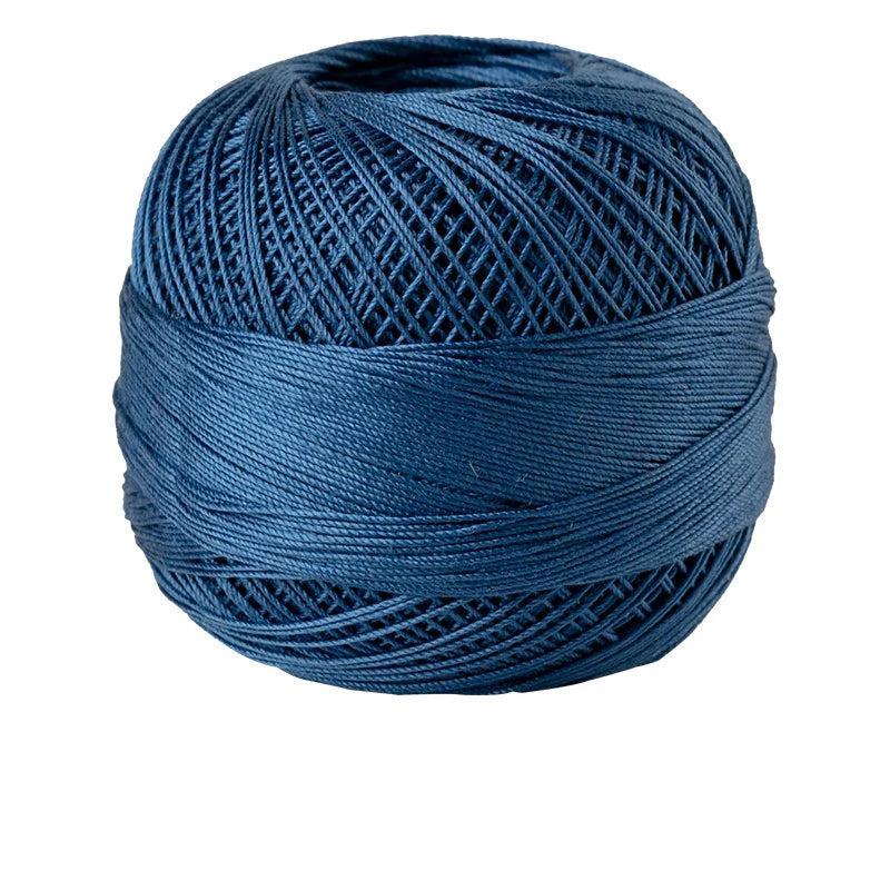 A ball of dark blue 100% cotton crochet thread used for tatting and embroidery.