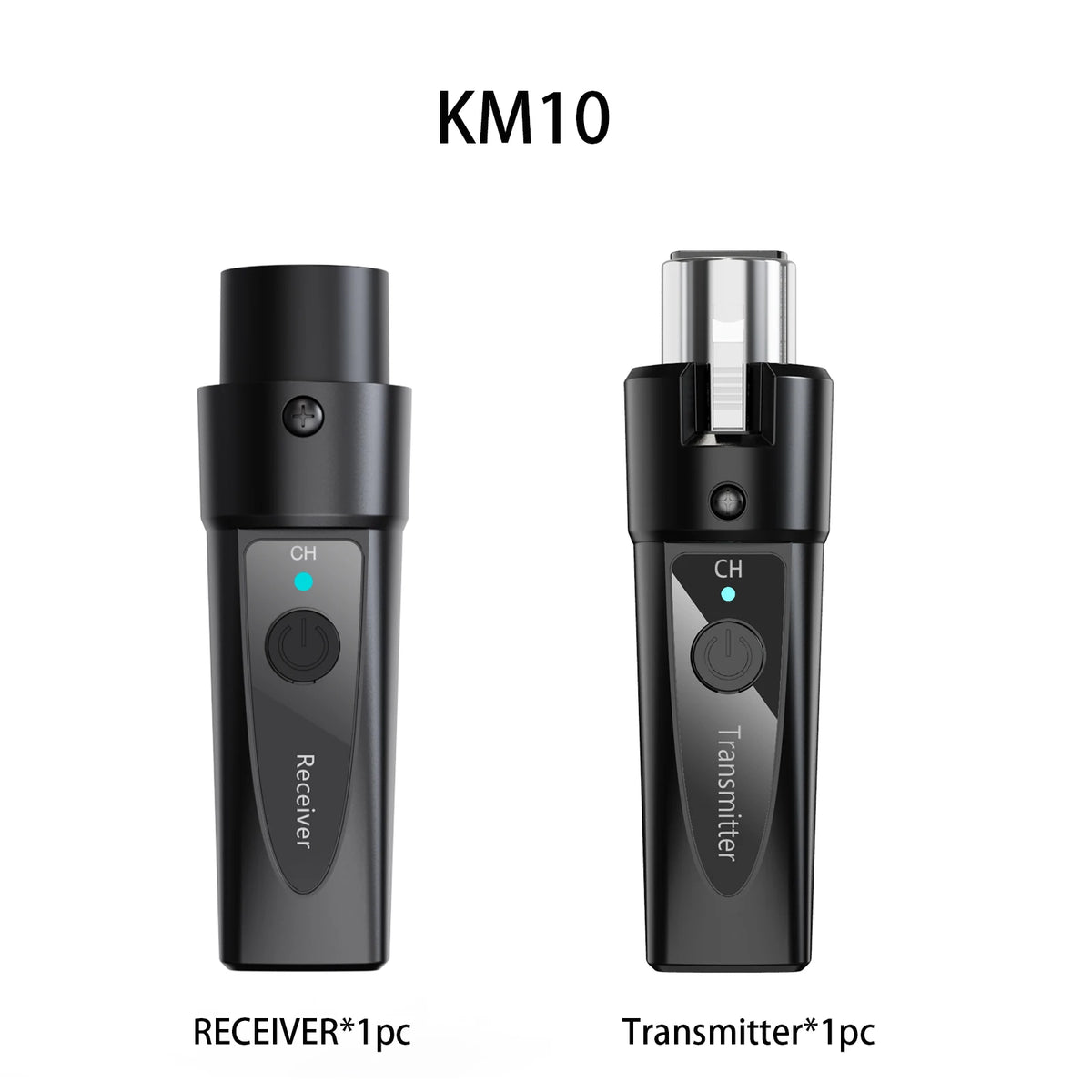 Black KM10 wireless microphone system showing separate transmitter and receiver units.