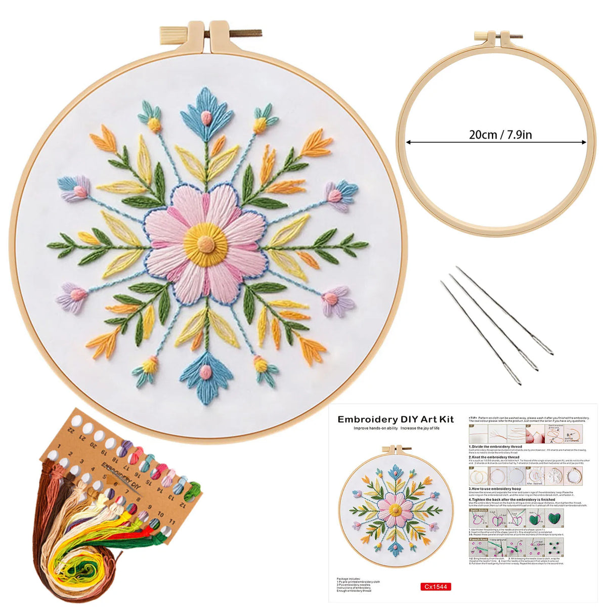 Embroidery DIY art kit featuring a mandala flower pattern with stamped threads and English instructions