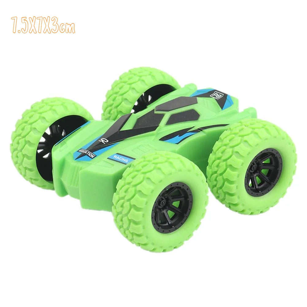 A bright lime green four-wheel drive stunt car with large tires and a pull-back mechanism.