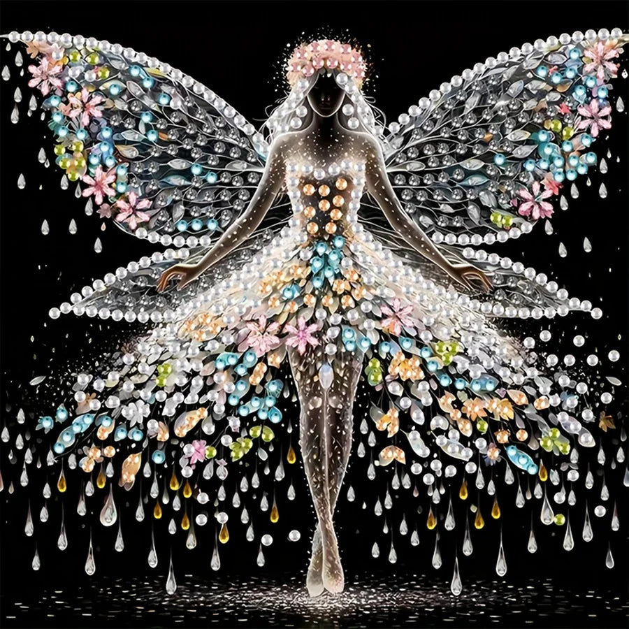 A detailed illustration of a fairy with iridescent wings and a sparkling gown made of pearl and crystal flowers.