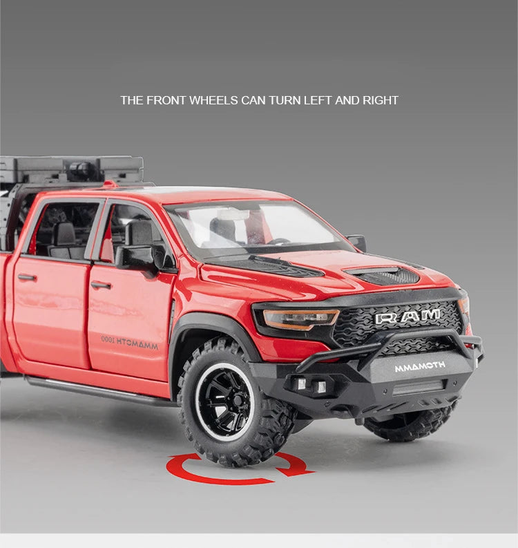 A red RAM TRX diecast pickup truck model is shown with the front wheels turned left and right.