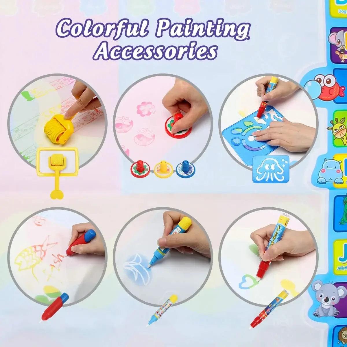 Colorful painting accessories including a magic water drawing mat, pens, and various art tools for kids.