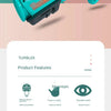 A close-up of a teal airplane launcher toy with foam planes and features for brain development, hands-on ability, and vision 