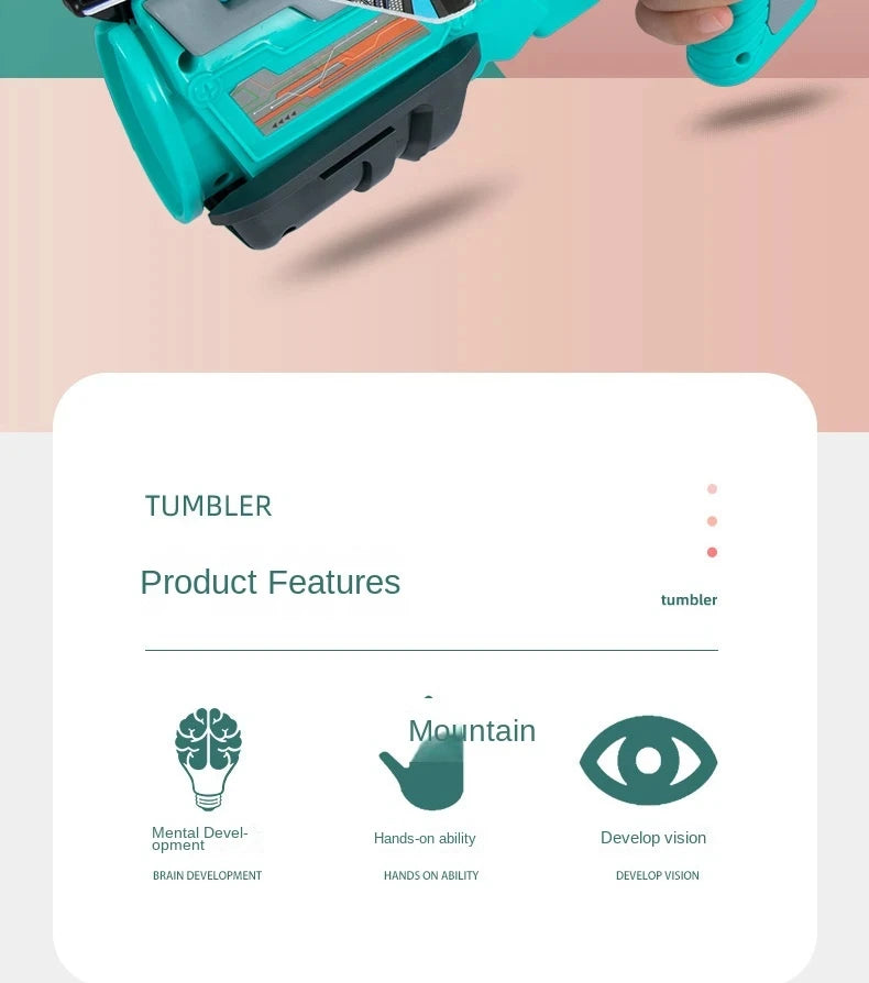 A close-up of a teal airplane launcher toy with foam planes and features for brain development, hands-on ability, and vision 