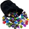 A black drawstring bag filled with a complete set of polyhedral dice for tabletop role-playing games