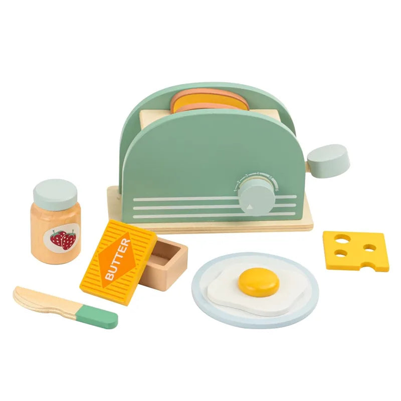 Wooden pretend play kitchen set featuring a green coffee maker and tea accessories with yellow and orange components