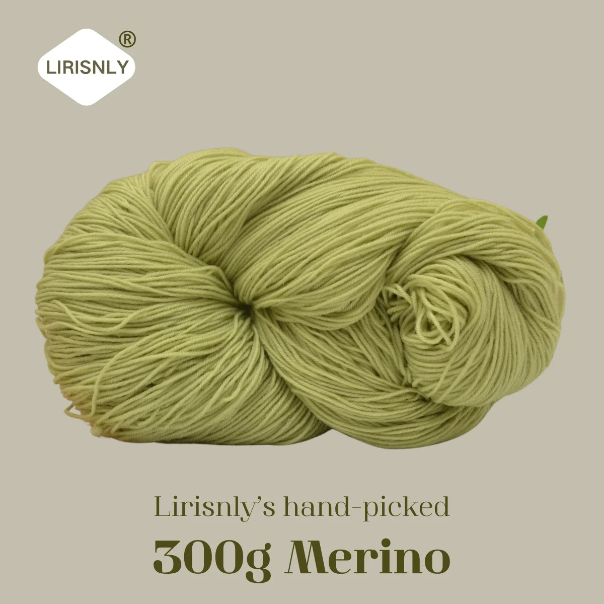A ball of light green merino wool yarn labeled LIRISNLY
