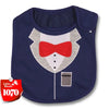 A navy blue baby feeding bib with a white collar and red bow detail.
