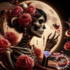 A detailed diamond painting featuring a skull adorned with pink roses and dark floral elements against a moon background.