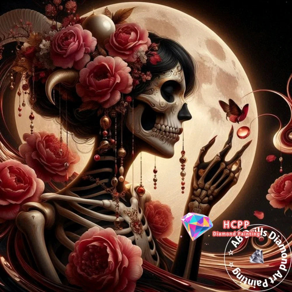 A detailed diamond painting featuring a skull adorned with pink roses and dark floral elements against a moon background.