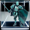 A detailed articulated paladin action figure in teal armor wielding a sword and carrying a shield, displayed in a clear box.