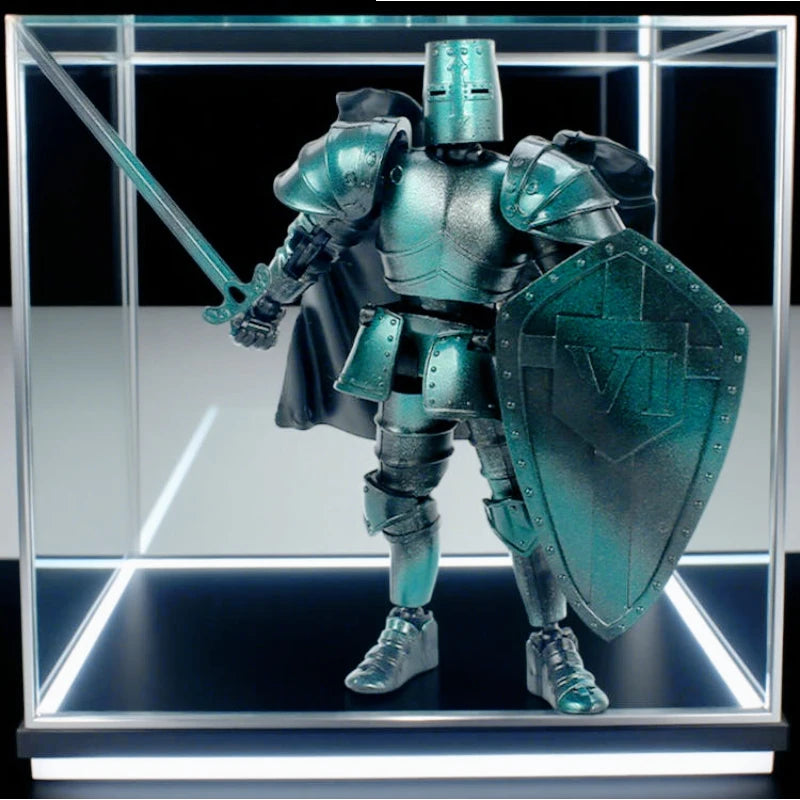 A detailed articulated paladin action figure in teal armor wielding a sword and carrying a shield, displayed in a clear box.