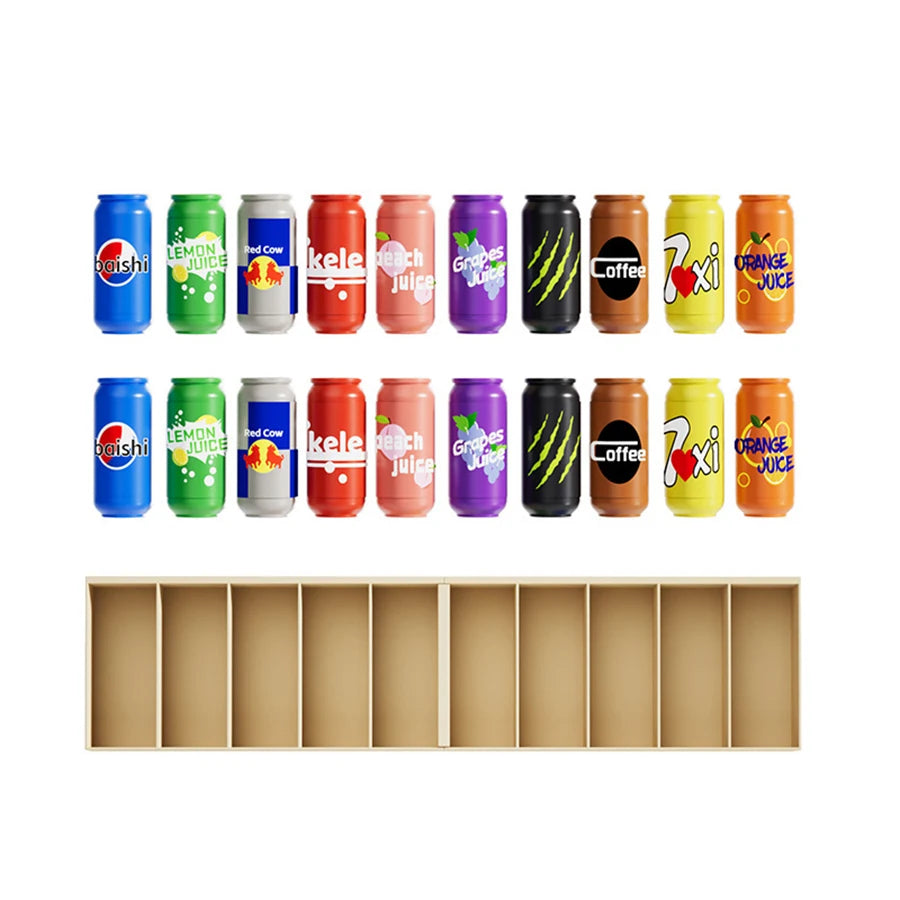 A collection of colorful juice and coffee cans arranged in a grid for a memory matching board.