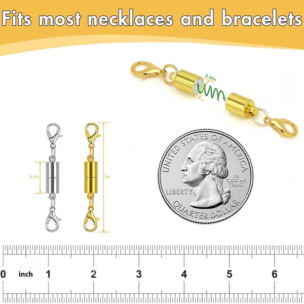 Gold-colored necklace and bracelet clasps displayed next to a coin and a ruler.