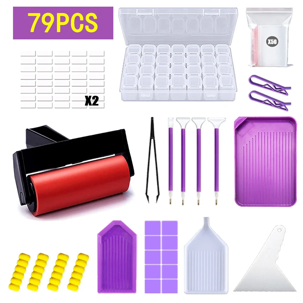 A purple diamond painting tool kit showing a tray, pens, tweezers, and various tools like a spatula and diamond shapes.