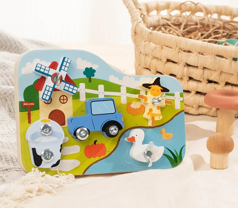 Farm Animal Wooden Screw Puzzle Toy Set with Child-Safe Tools