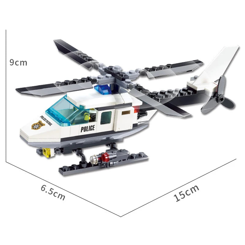 A detailed building blocks set of a police helicopter and SWAT carrier vehicle.