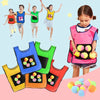 A set of colorful sticky dodgeball vests for children, including yellow, blue, green, and orange options.