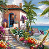 A vibrant painting of a stucco house with an arched doorway and steps surrounded by colorful flowers and tropical foliage nea