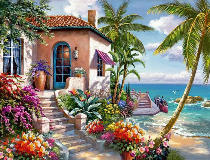 A vibrant painting of a stucco house with an arched doorway and steps surrounded by colorful flowers and tropical foliage nea