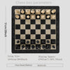 A black and white chessboard with chess pieces, showing dimensions and material details.