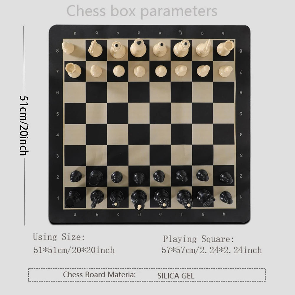 A black and white chessboard with chess pieces, showing dimensions and material details.