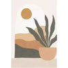 A painting featuring a stylized sun and silhouette of large, vertical leaves in earthy tones.