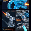 A collection of blue and silver futuristic blaster toys demonstrating deformation linkage, long-range firing, strobe lights, 