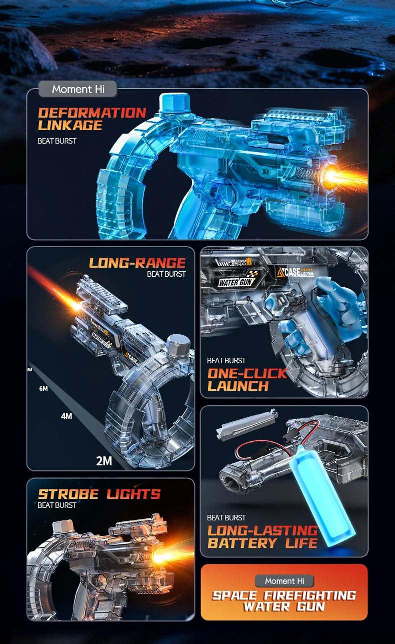 A collection of blue and silver futuristic blaster toys demonstrating deformation linkage, long-range firing, strobe lights, 