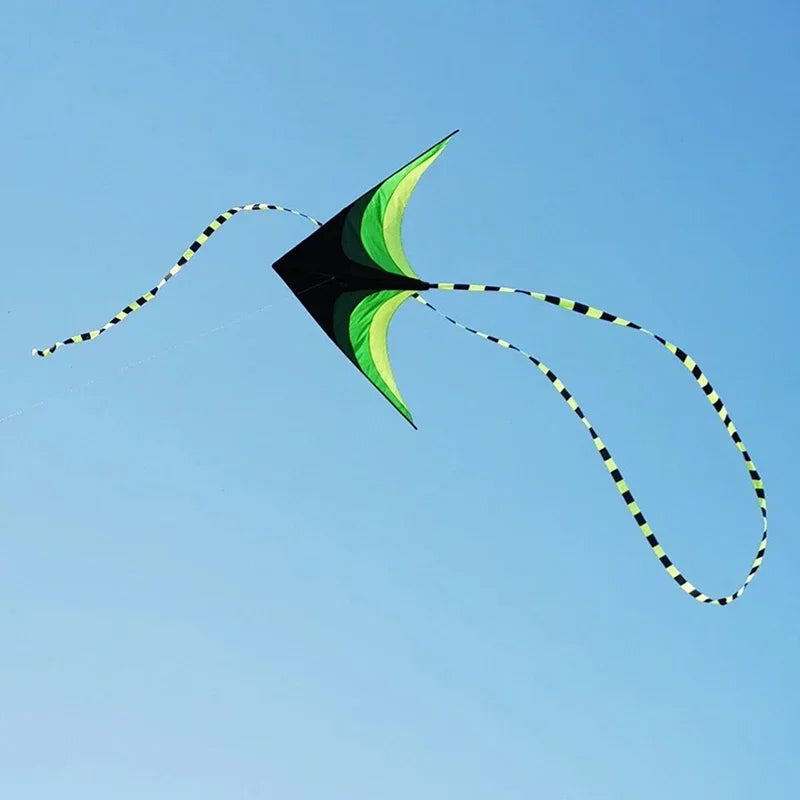 A large delta kite with a black and green canopy and a long tail is flying against a clear blue sky.