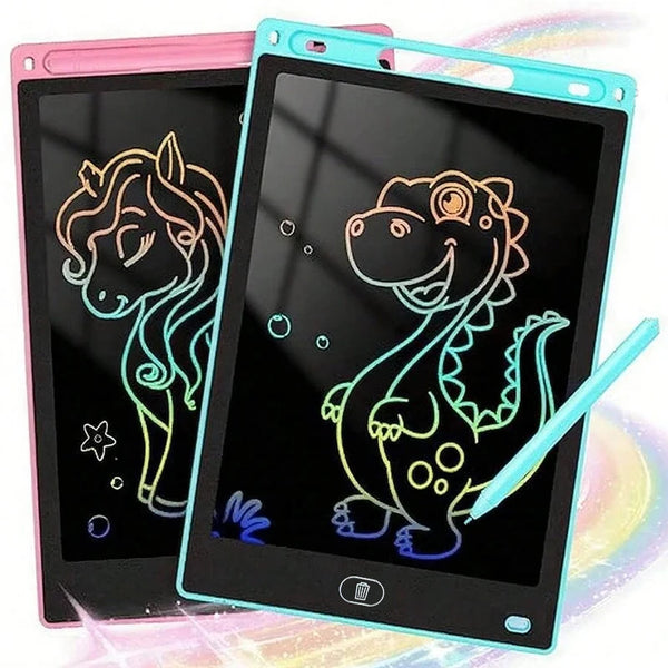 A pink and blue portable LCD writing tablet displaying a glowing outline of a dinosaur drawing.