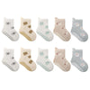 A pack of five pairs of non-slip cartoon socks featuring various cute animal faces and designs in white, beige, and light blu