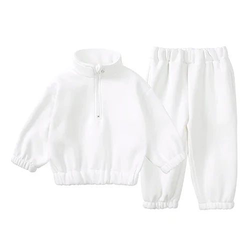 White kids fleece hooded tracksuit set for toddlers and young children