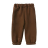 A pair of brown fleece hooded track pants for a child.