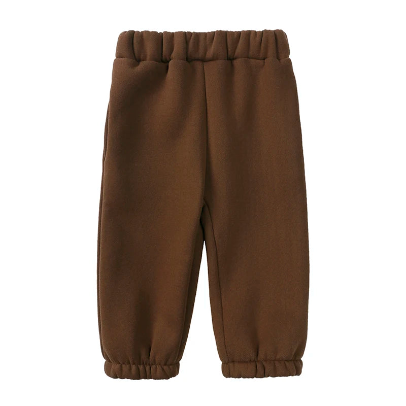 A pair of brown fleece hooded track pants for a child.